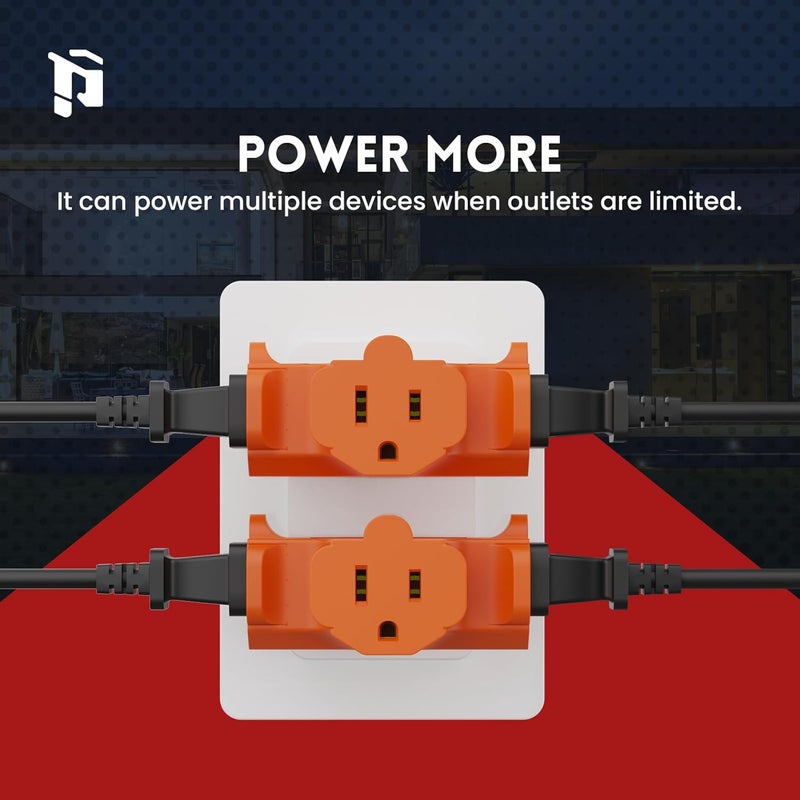 PLUGTUL 3 Way Plug Adapter, 3 Plug Wall Adapter, 3 Prong, Grounded, 15A, 1875W, Multiple Plug Expander for Home, Outdoor, ETL Listed, Orange, 3PACK - Image 4